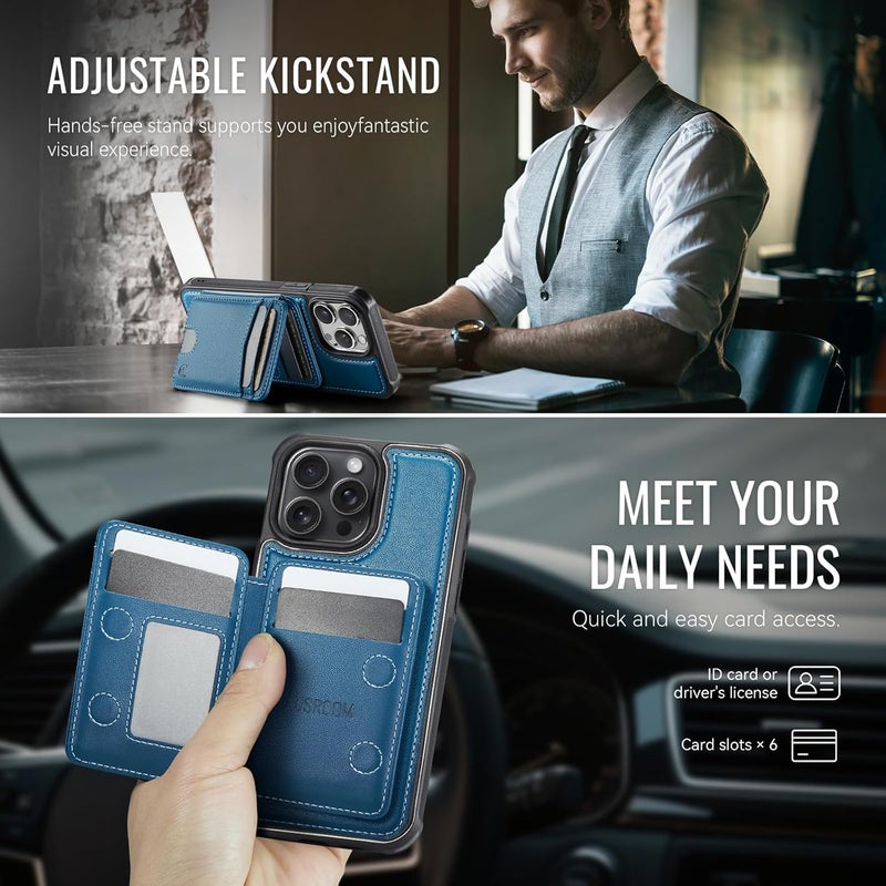Usroom for iPhone 15 Pro Detachable Wallet Case with Card Holder, 2 in 1 RFID Blocking Credit Slots Kickstand Shockproof Phone Wallet for iPhone 15 Pro 6.1" Blue - Image 5